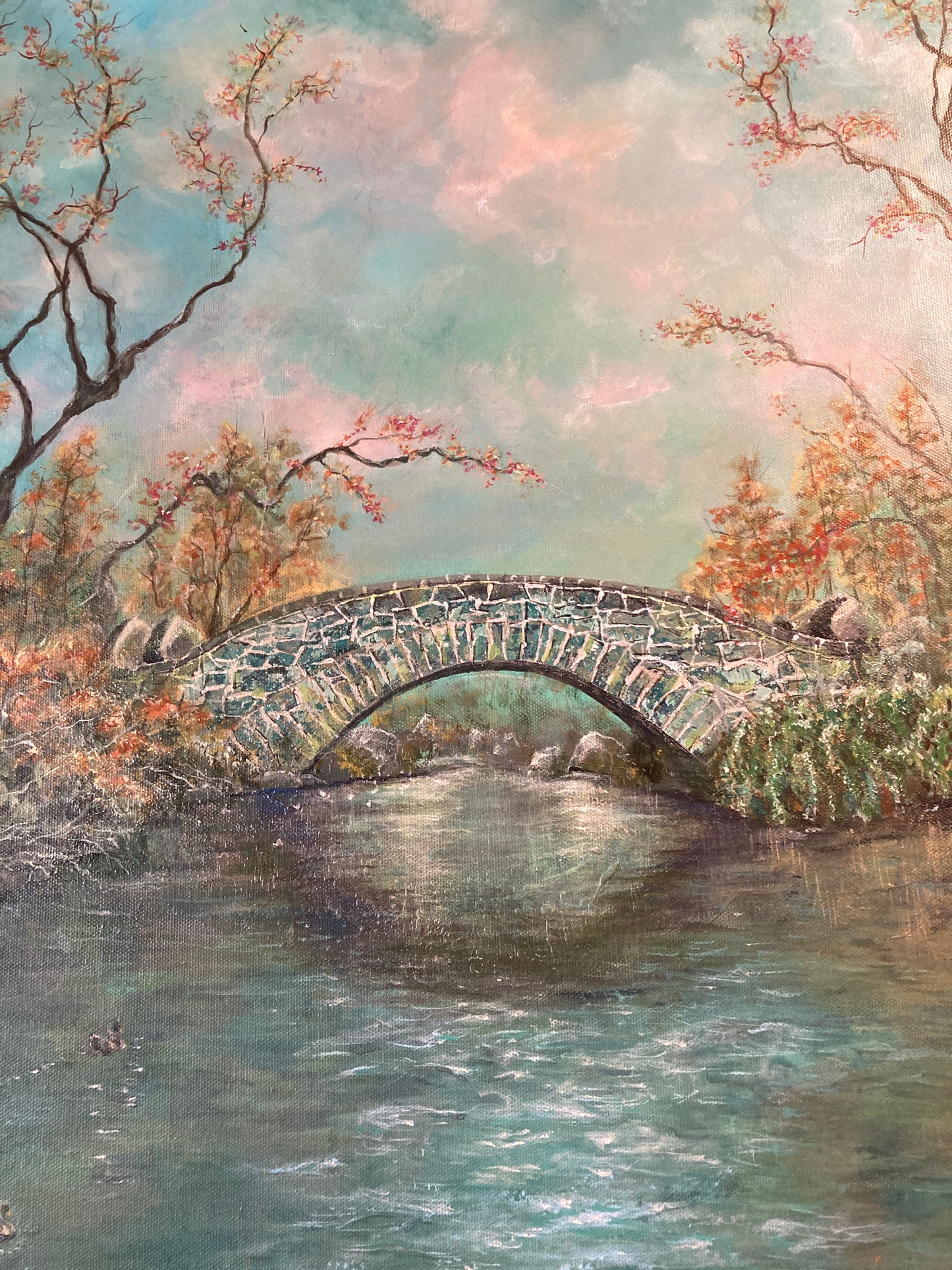 "Autumn's Glow" Gapstow Bridge Central Park - Original acrylic on canvas 24" x 36" Inches