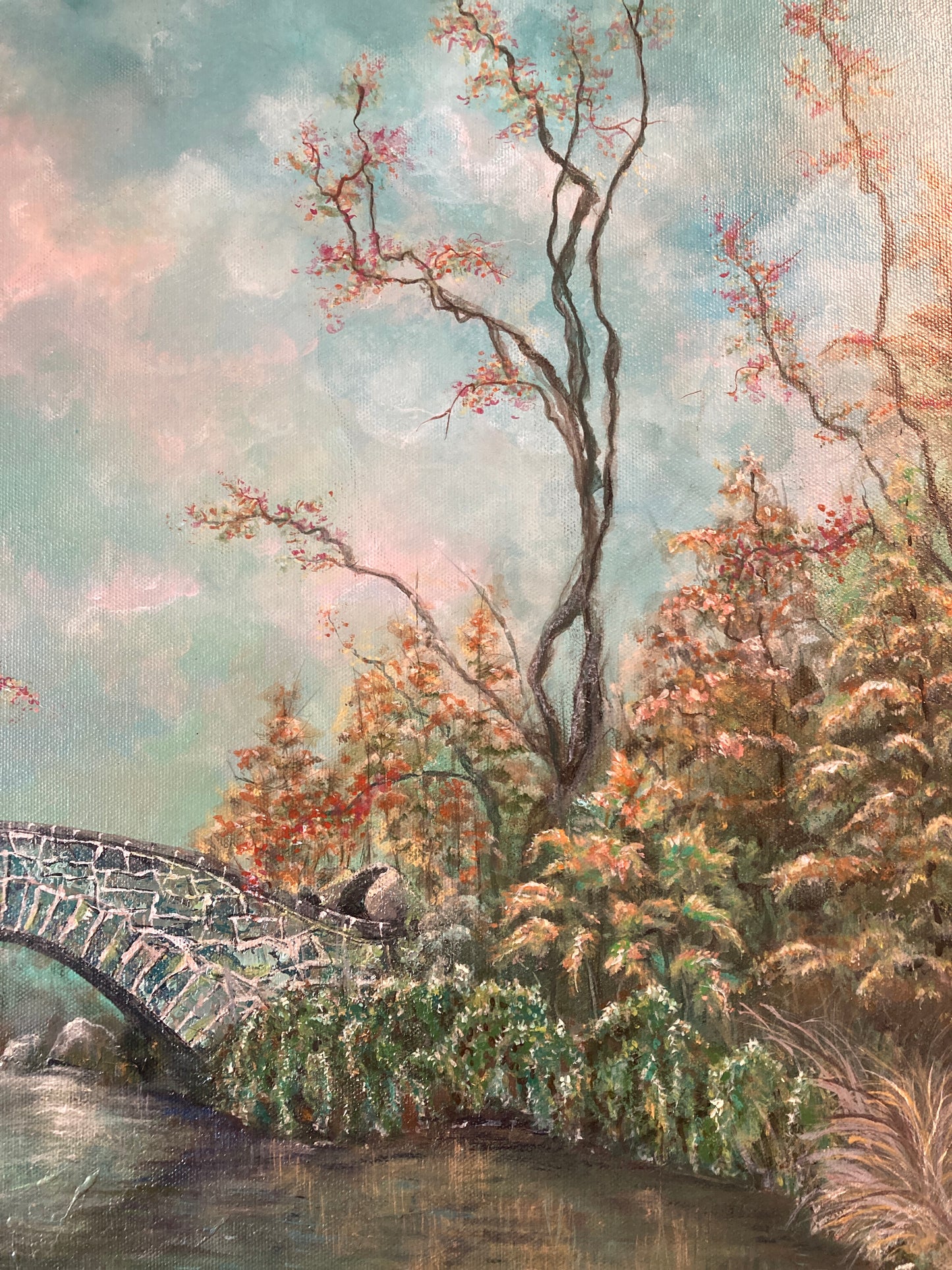 "Autumn's Glow" Gapstow Bridge Central Park - Original acrylic on canvas 24" x 36" Inches
